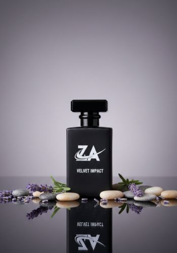 Black ZA perfume bottle with lavender flowers and almonds placed on a reflective surface