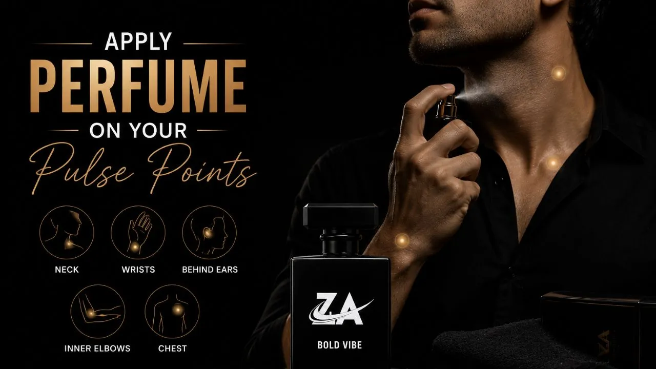 Apply perfume on your pulse points featuring luxury black perfume bottle with dark premium background and pulse point fragrance guide