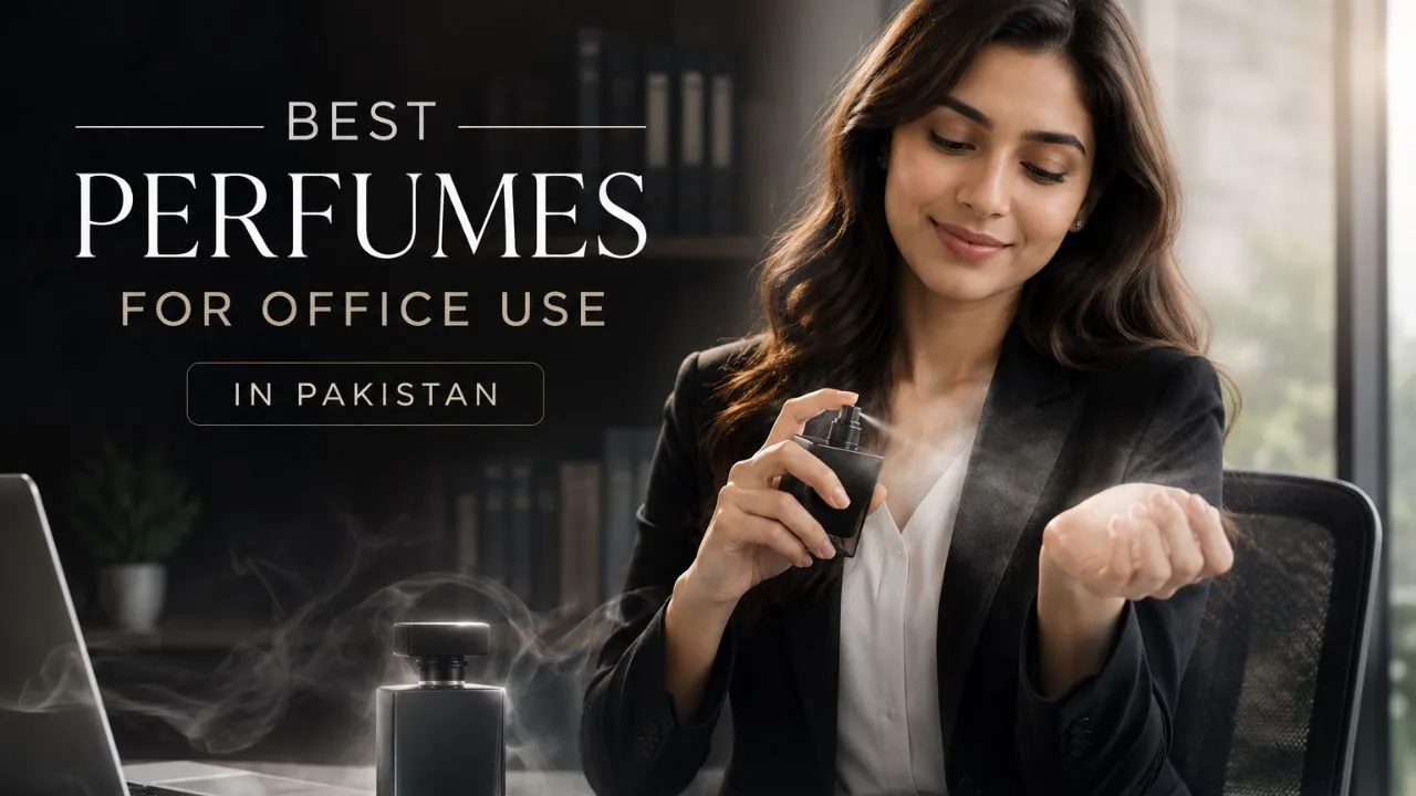 Professional woman spraying black perfume on her wrist in a modern office with text Best Perfumes for Office Use in Pakistan