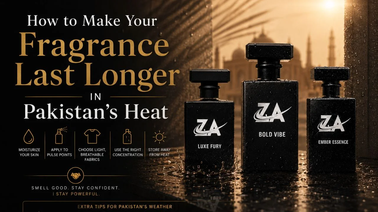 Luxury perfume banner featuring three black fragrance bottles with golden lighting and water droplets, promoting tips to make fragrance last longer in Pakistan’s heat.