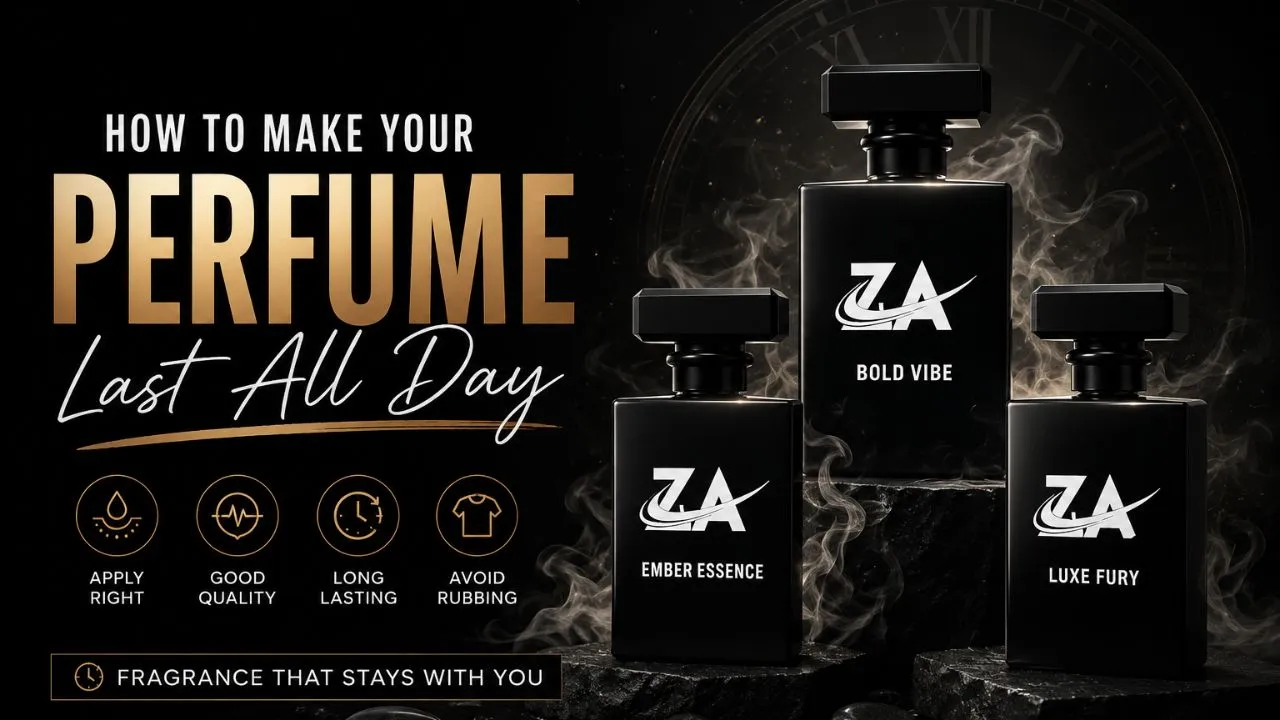 How to make your perfume last all day featuring luxury black perfume bottles with smoky dark background and long lasting fragrance tips