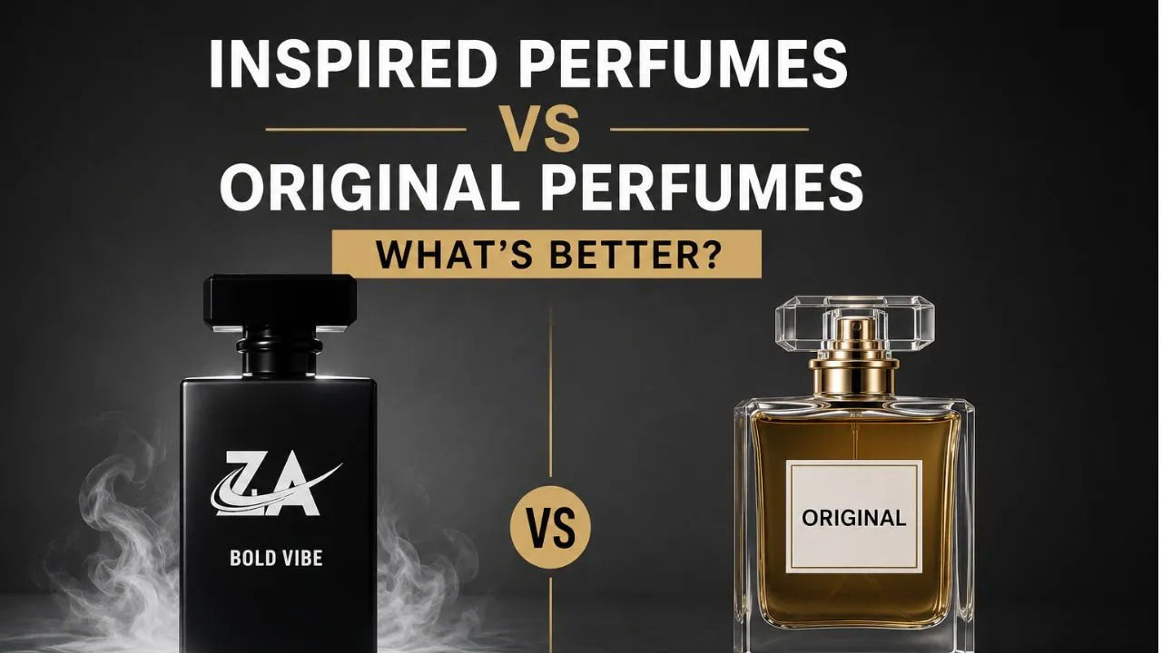 Inspired perfumes vs original perfumes comparison banner featuring black luxury perfume bottle and golden perfume bottle on dark background