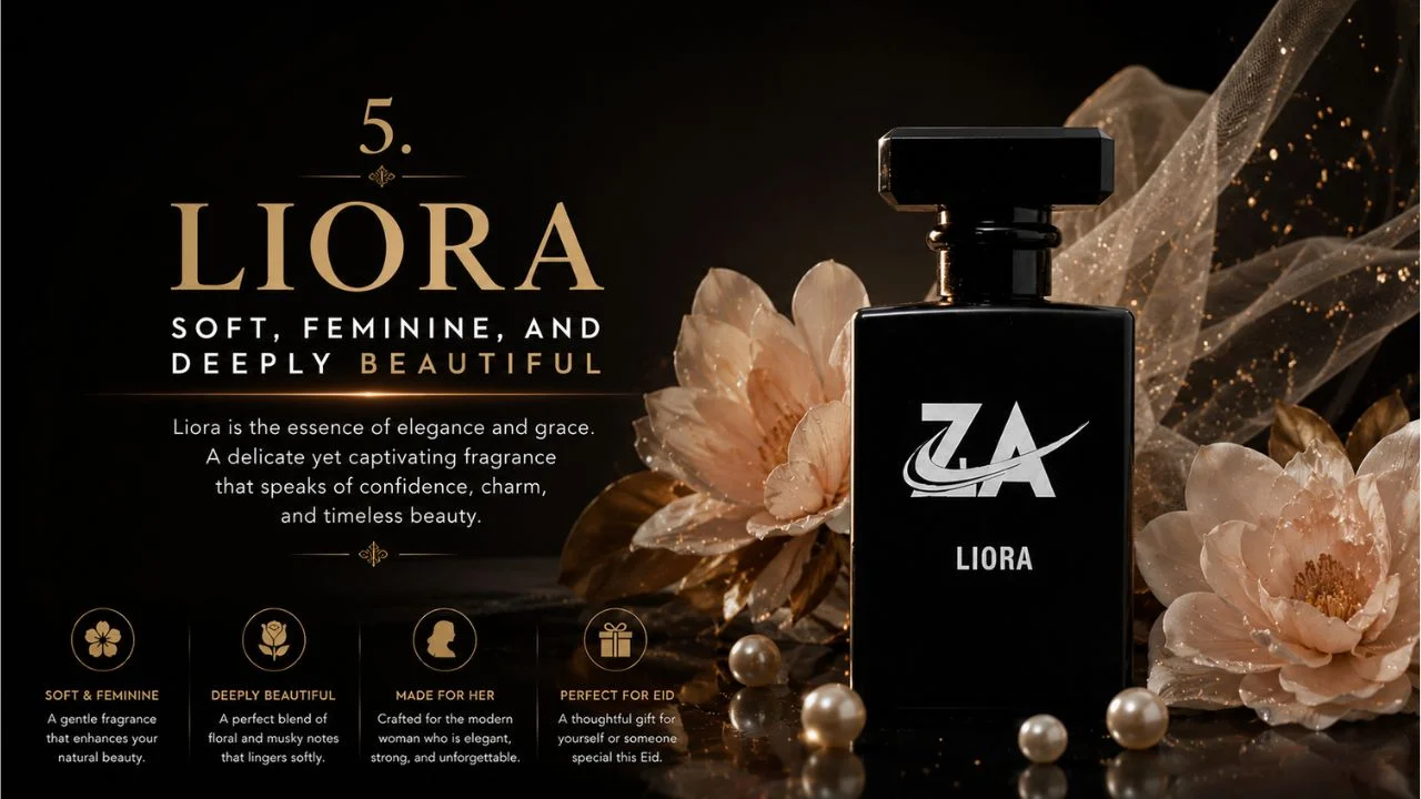 Elegant luxury perfume advertisement featuring the ZA Liora fragrance bottle with soft floral arrangements, golden accents, pearls, and a dark premium background highlighting feminine beauty and sophistication.