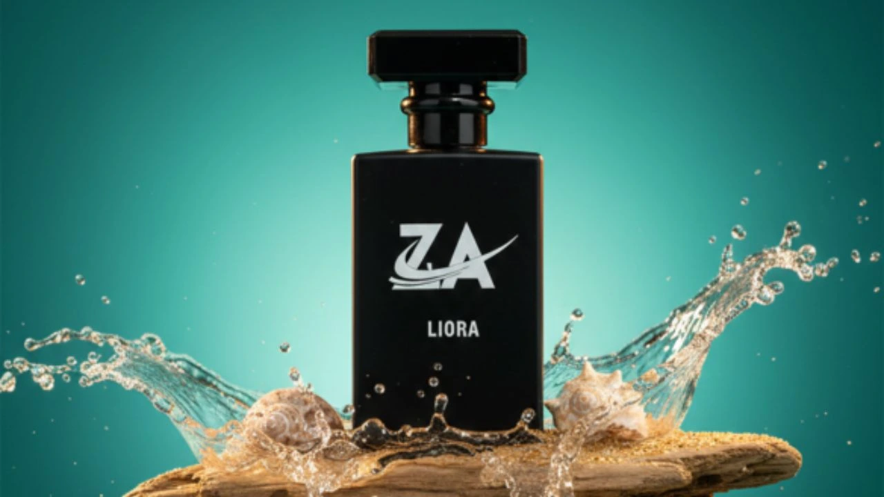 "Black perfume bottle labeled ZA Liora placed on driftwood with water splashes, seashells, and sand against a glowing turquoise background."