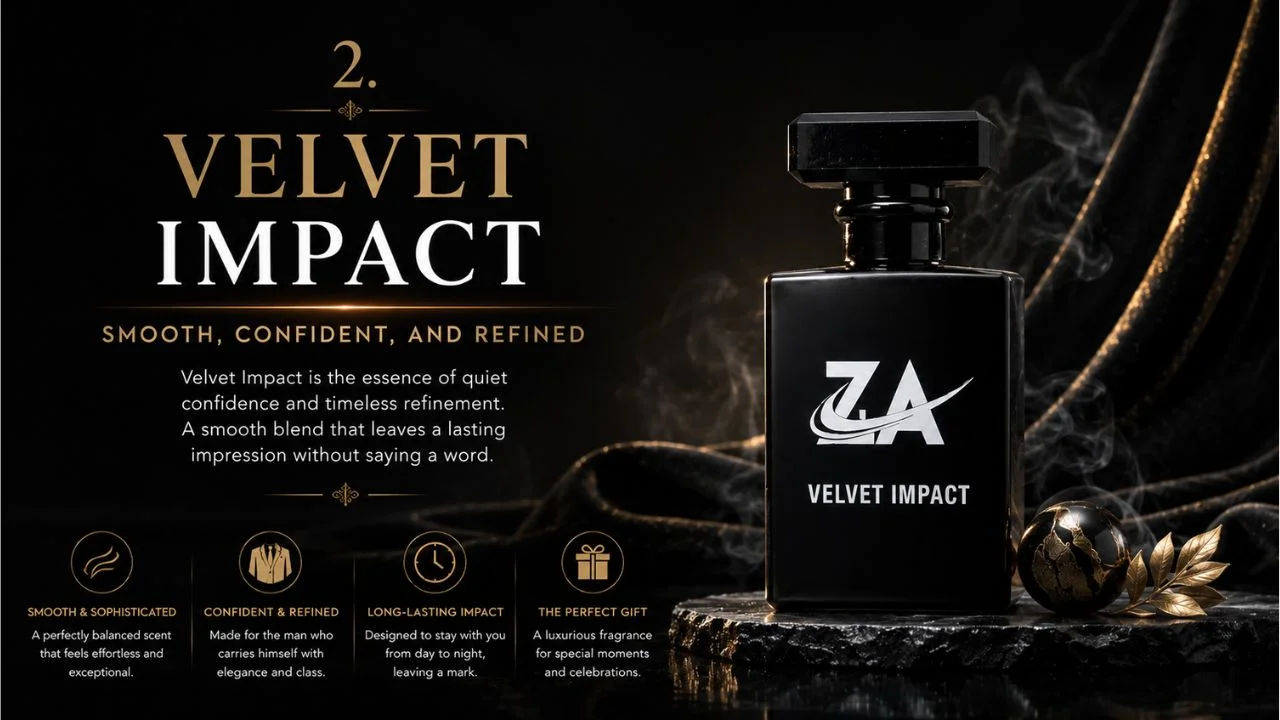 Velvet Impact luxury perfume bottle on a dark black background with smoke and golden accents, representing a smooth, confident, and refined fragrance for modern men.