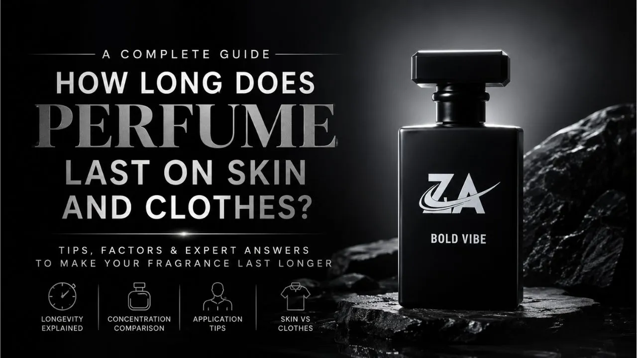 Luxury black perfume bottle illustrating how long perfume lasts on skin and clothes
