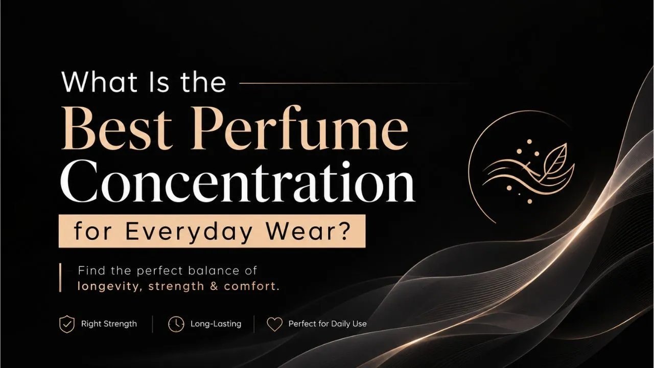 Minimalist black featured image with the text "What Is the Best Perfume Concentration for Everyday Wear?" in elegant typography representing a perfume concentration guide.